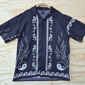 Claudio Nucci Mens L Black Dragon Yin Yang Flame Tribal Button Up Shirt Y2K